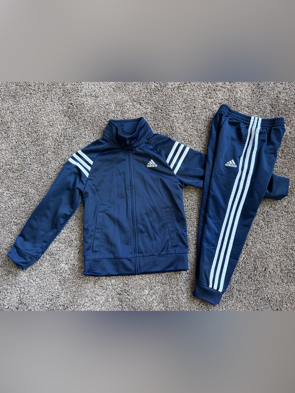 adidas Kids Navy Blue Track Jacket & Joggers with White Stripes Size 5